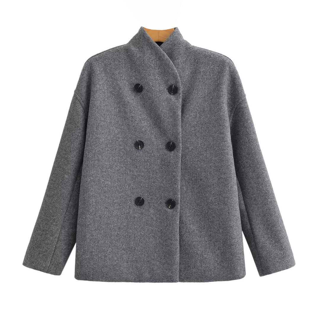 Damen Oversized Doppelreihiger Wollmantel mit Stehkragen Drune