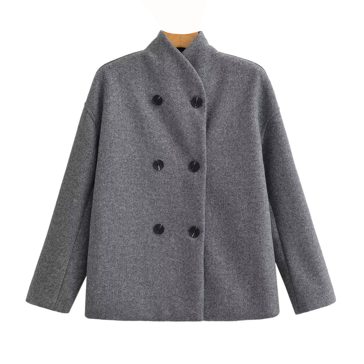 Damen Oversized Doppelreihiger Wollmantel mit Stehkragen Drune