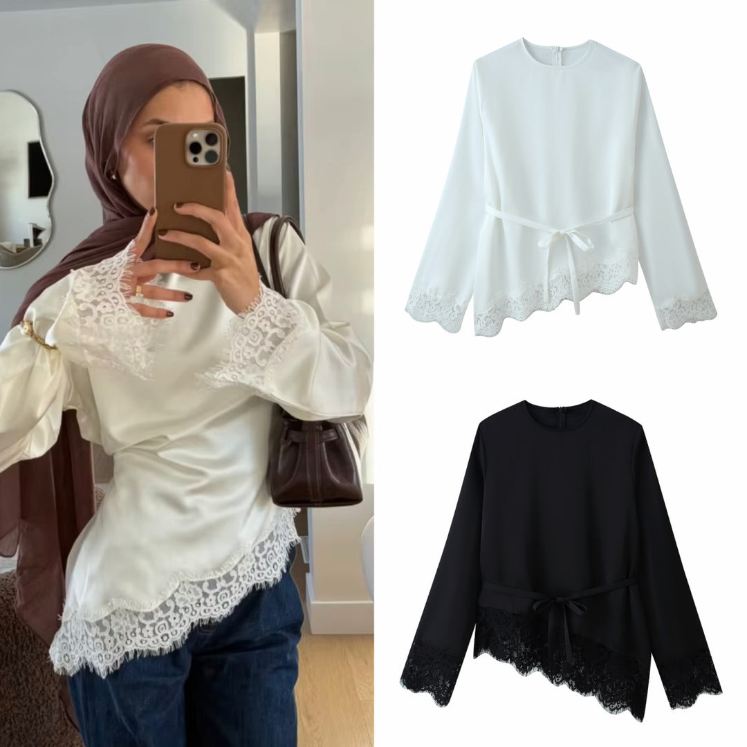 Damen 50+ elegante Chiffonbluse mit Spitzenbesatz und Taillenband Drune
