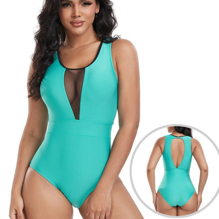 Damen Einteiler Badeanzug mit tiefem V-Ausschnitt und eleganten Netzdetails Drune