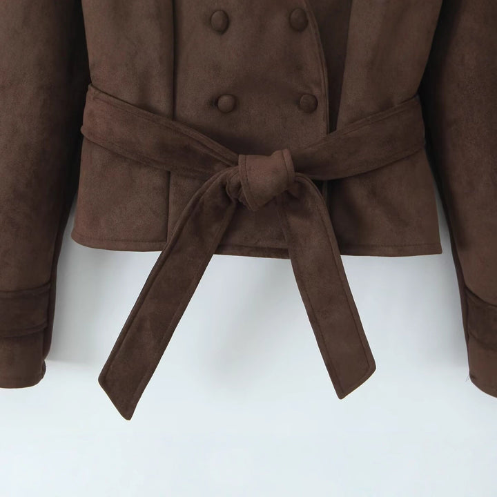 Damen Kurze Taillierte Velours‑Suede‑Jacke mit Bindegürtel und Reverskragen Drune