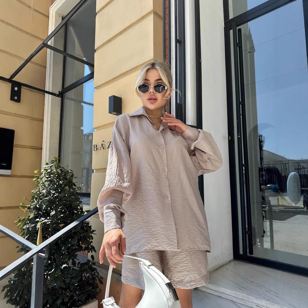 Damen Zweiteiliges texturiertes Loungewear‑Set mit Oversized‑Hemd und elastischer Taillen‑Shorts Drune