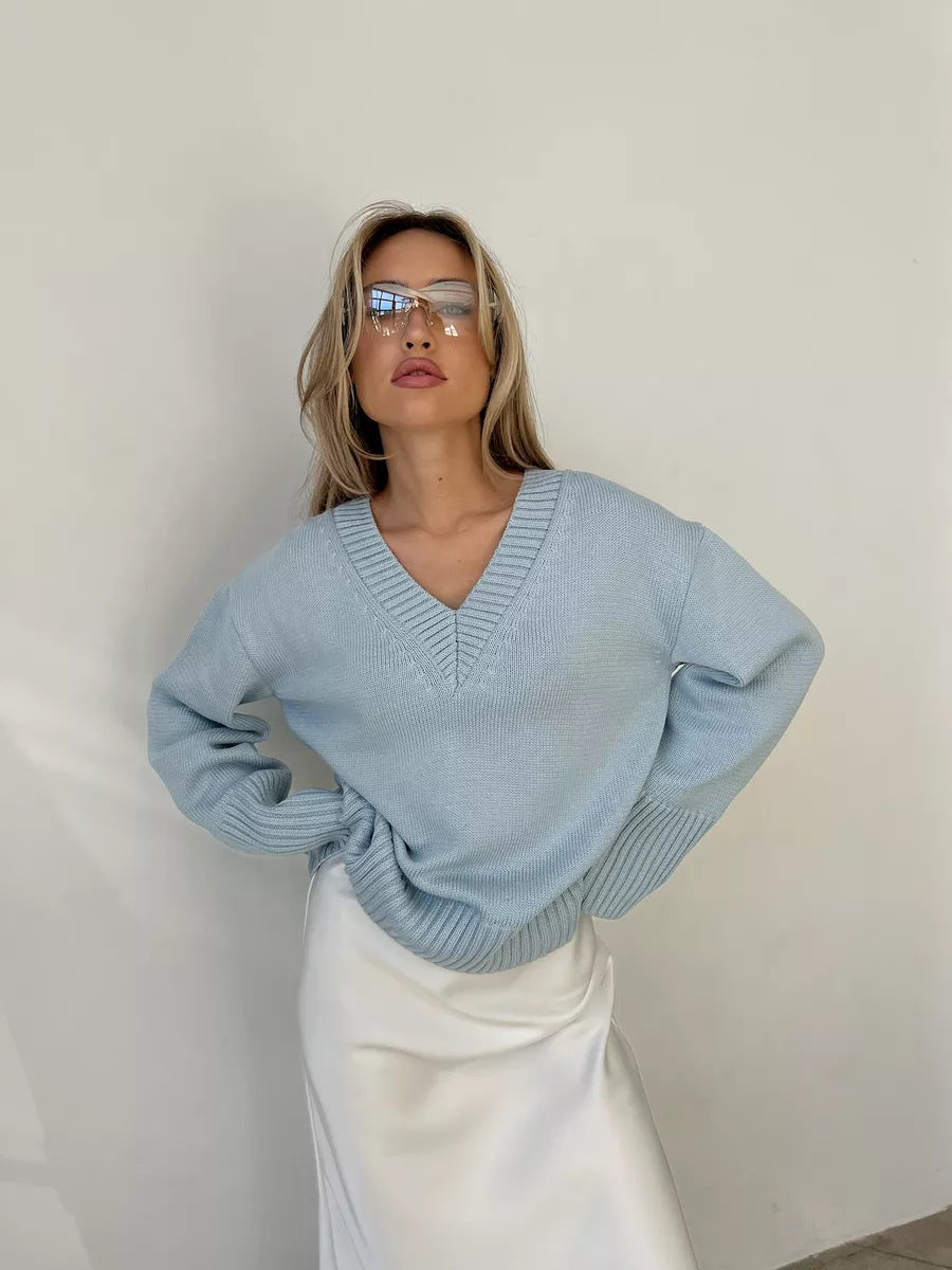 Damen nan oversized Feinstrickpullover mit tiefem V-Ausschnitt, gerippten Bündchen und lockerer Silhouette Drune