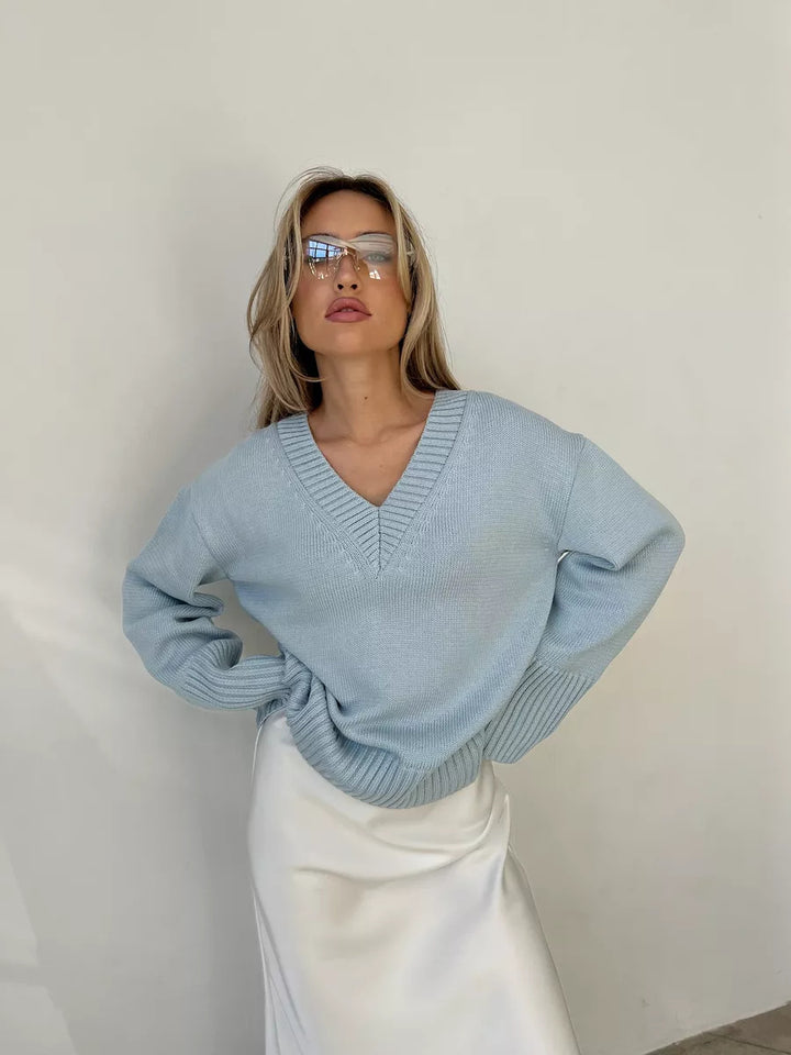 Damen nan oversized Feinstrickpullover mit tiefem V-Ausschnitt, gerippten Bündchen und lockerer Silhouette Drune
