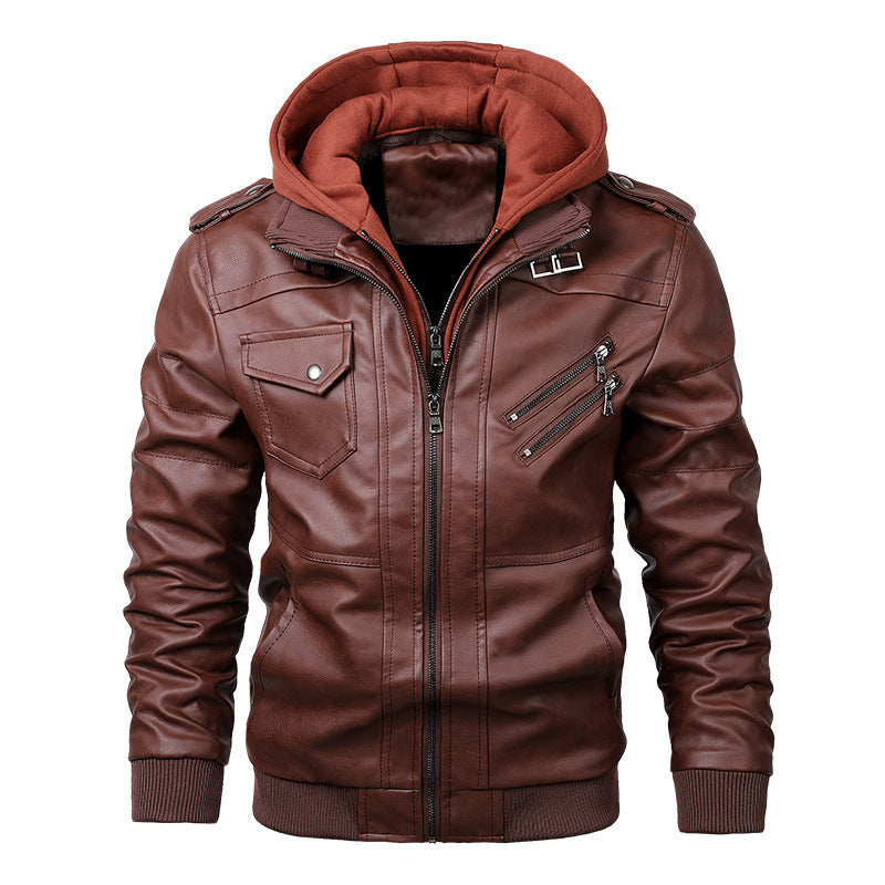 Herren modische Lederjacke mit Kapuze und Innenfleece Drune
