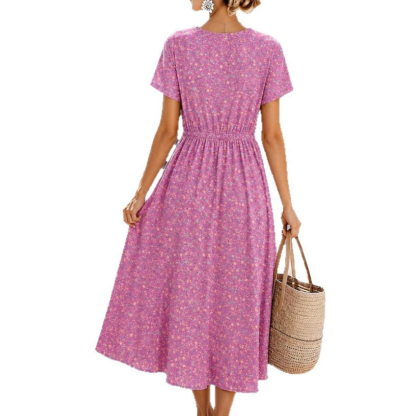 Damen Midikleid mit floralem Alloverprint, Tunnelzugtaillenband und Knopfleiste Drune