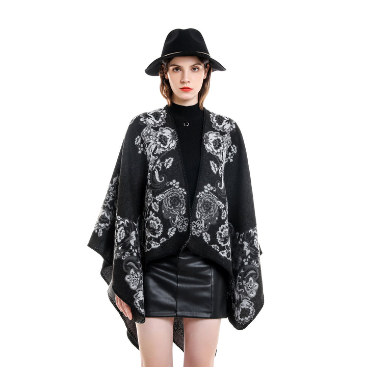 Damen Reversibler Strick-Umhang mit floraler Jacquard‑Webung und Zierkettelnaht Drune