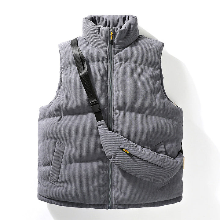 Herren Gesteppte Cord-Ärmellose Thermoweste mit Stehkragen und integrierter Crossbody-Tasche Drune