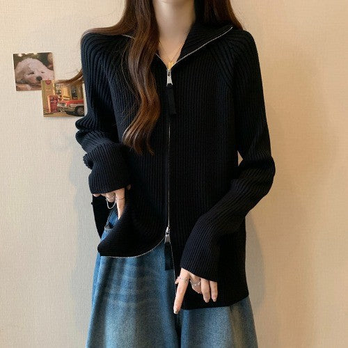 Damen modische Strickjacke mit durchgehendem Reißverschluss Drune