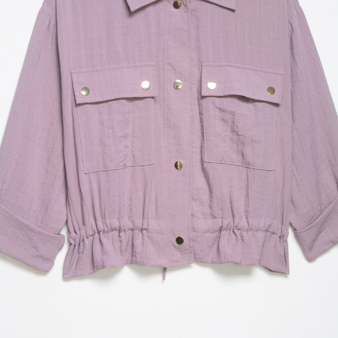 Damen Leichte Hemdblusen-Utility-Jacke mit Tunnelzugbund und Pattentaschen Drune
