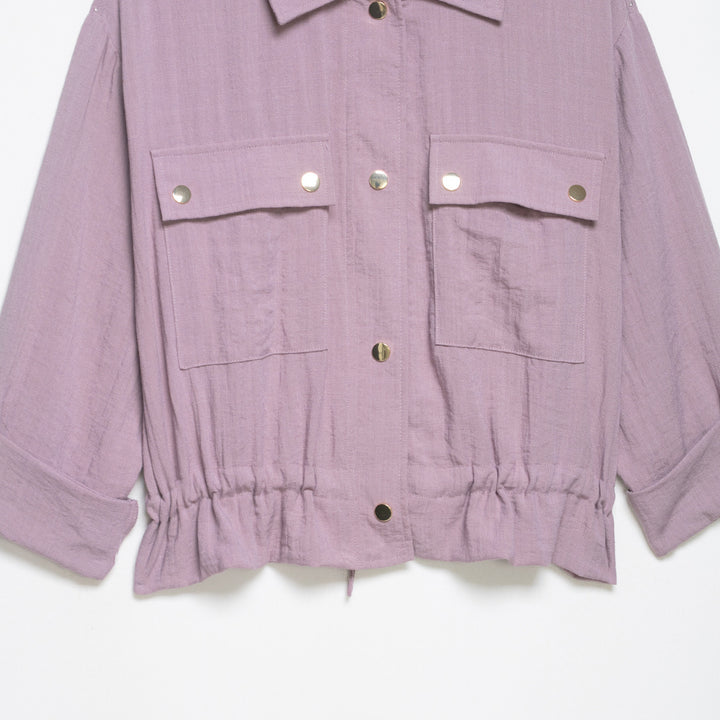 Damen Leichte Hemdblusen-Utility-Jacke mit Tunnelzugbund und Pattentaschen Drune