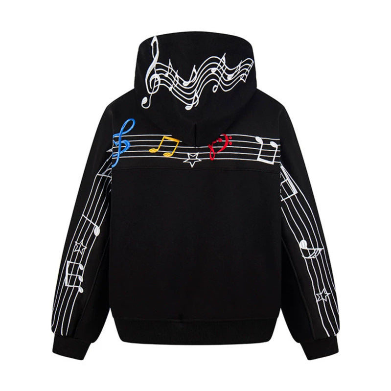 Damen Oversize Kapuzenpullover mit musikalischer Notenstickerei und geripptem Saum Drune