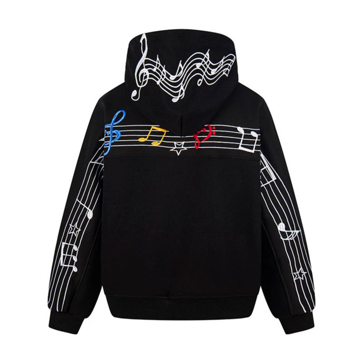 Damen Oversize Kapuzenpullover mit musikalischer Notenstickerei und geripptem Saum Drune