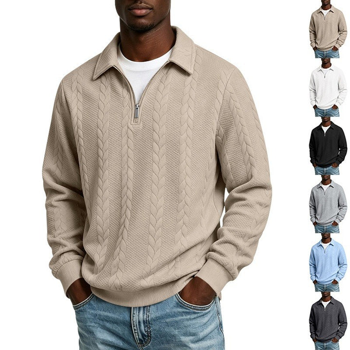 Herren Baumwollmix-Polopullover mit kurzem Frontzip und Zopfmuster Drune
