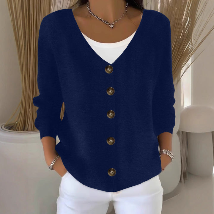 Damen Lockerer V-Ausschnitt Feinstrick-Cardigan mit Holzknopfleiste Drune