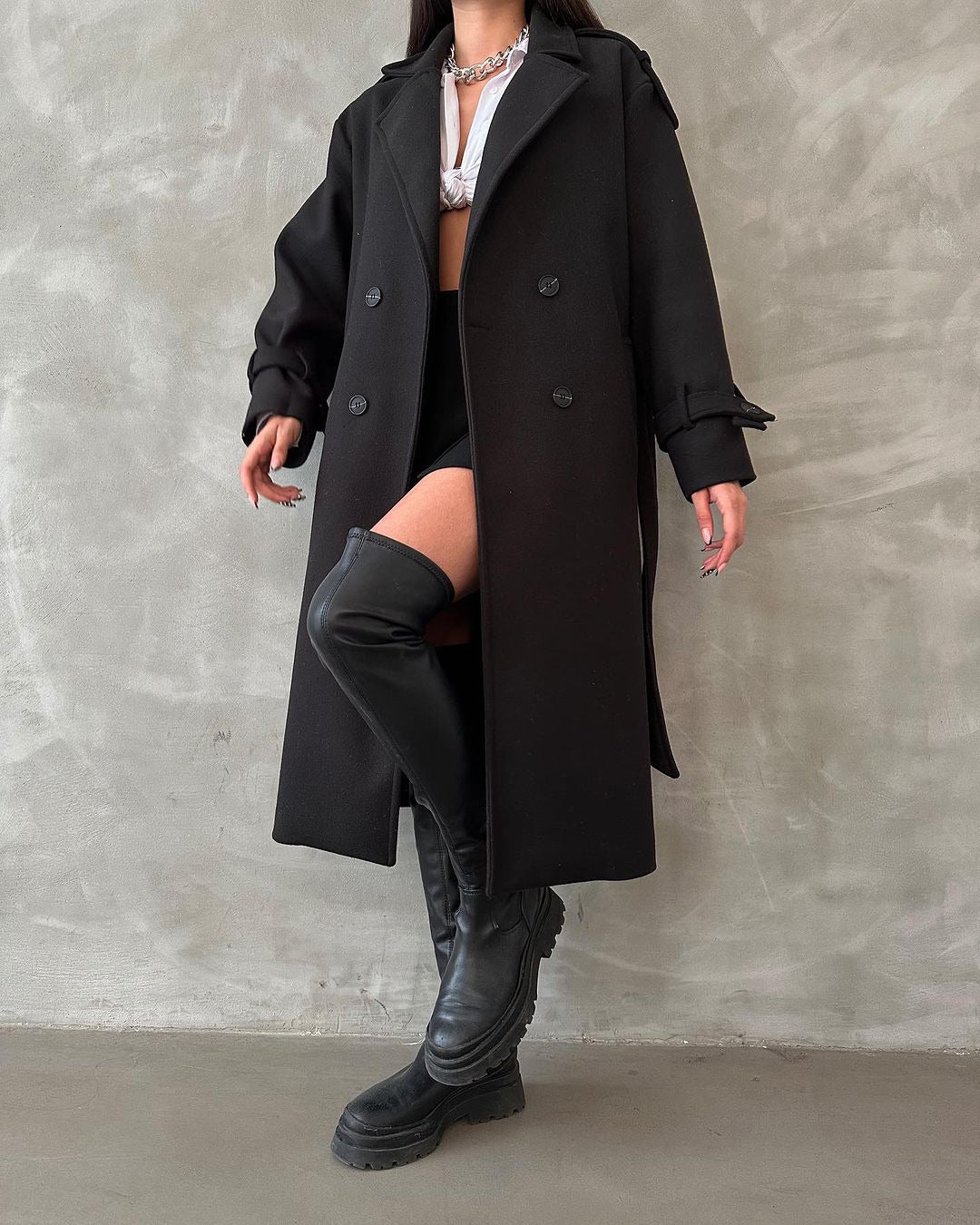 Damen Oversize Wollmix-Mantel mit doppelreihiger Knopfleiste und Taillengürtel Drune