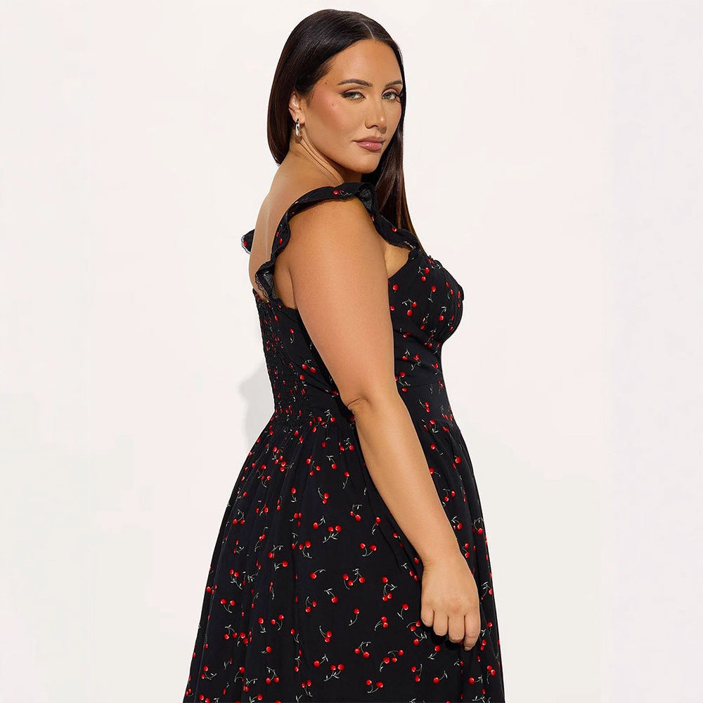 Damen Sommerkleid mit verspieltem Kirschmuster und Spitzenakzenten Drune