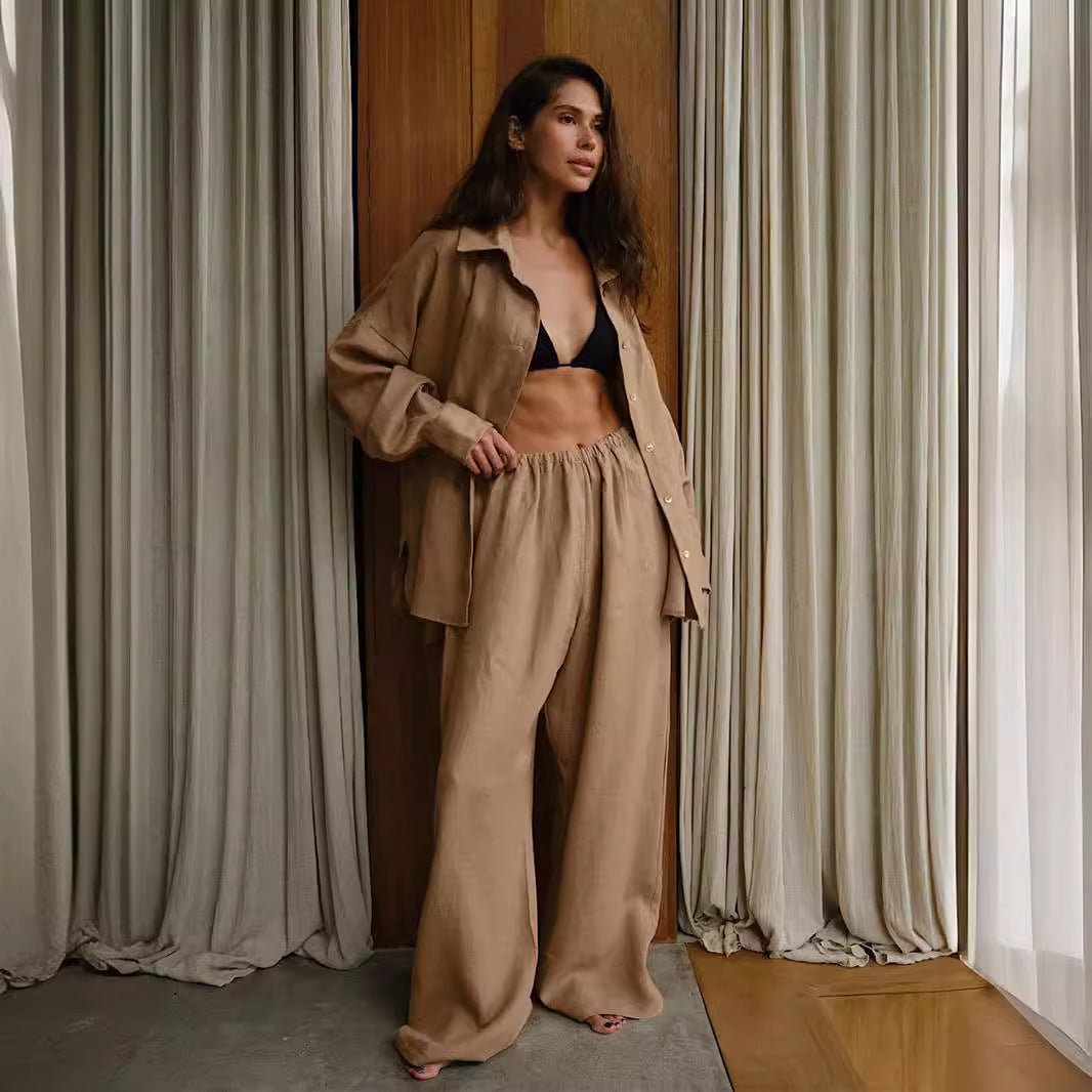 Damen Bequemes Leinen-Loungewear-Ensemble mit weiten Ärmeln und fließender Hose Drune