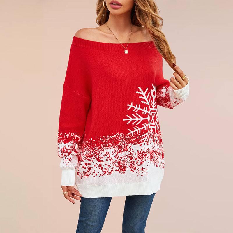 Damen festlicher Weihnachts-Pullover mit elegantem Schneeflocken-Motiv und Off-Shoulder Design Drune