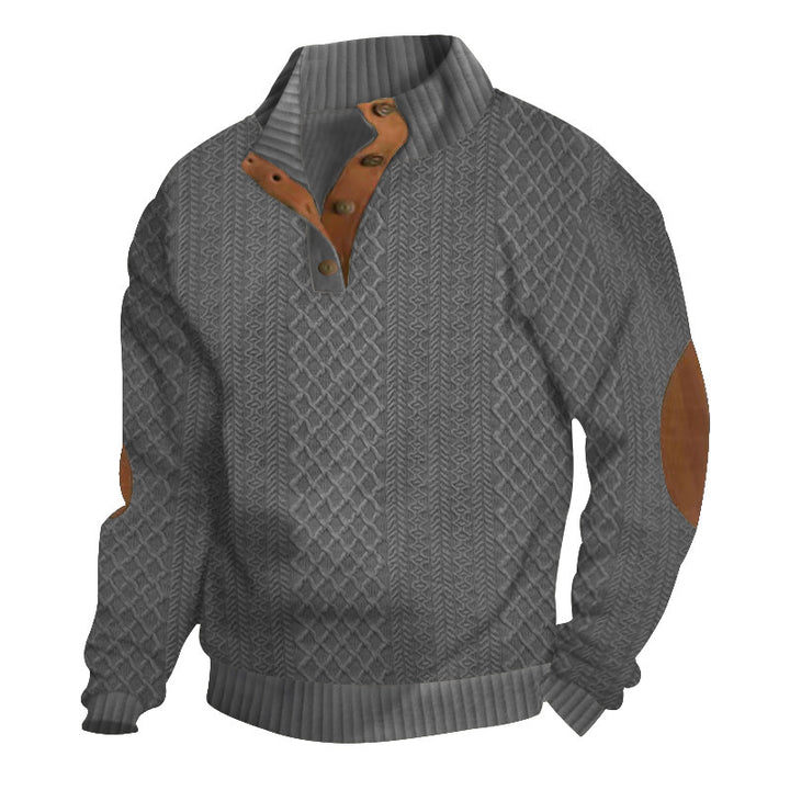 Herren Strukturierter Aran-Strickpullover mit halbem Knopfleistenkragen und Leder-Ellbogenpatches Drune