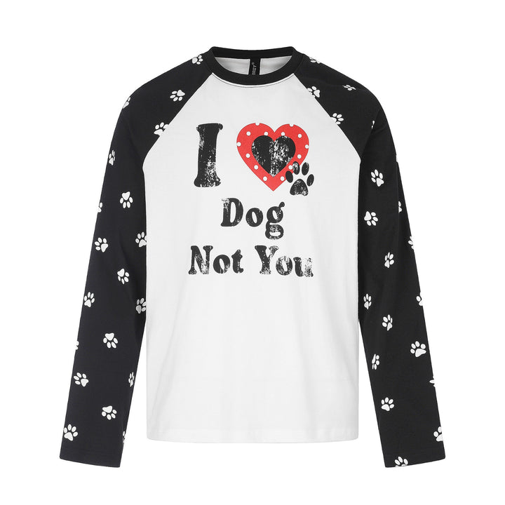 Damen Longsleeve-Raglanshirt mit Hunde‑Slogan und Pfotenmuster Drune