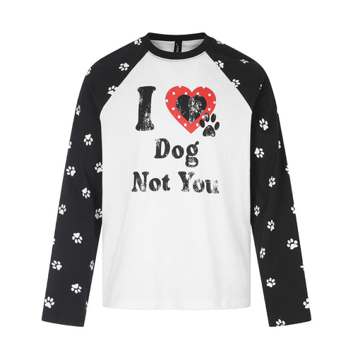Damen Longsleeve-Raglanshirt mit Hunde‑Slogan und Pfotenmuster Drune