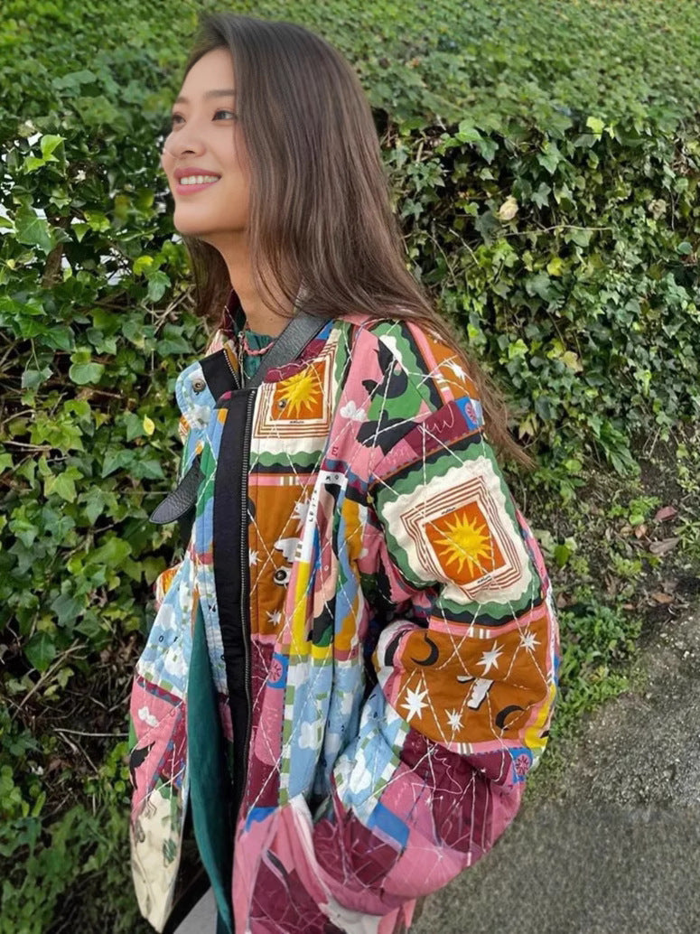 Damen gestepptes Quilt-Design Jacke mit bunten Mustern Drune