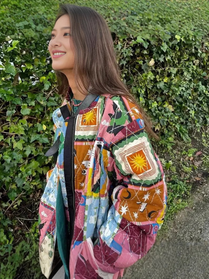 Damen gestepptes Quilt-Design Jacke mit bunten Mustern Drune