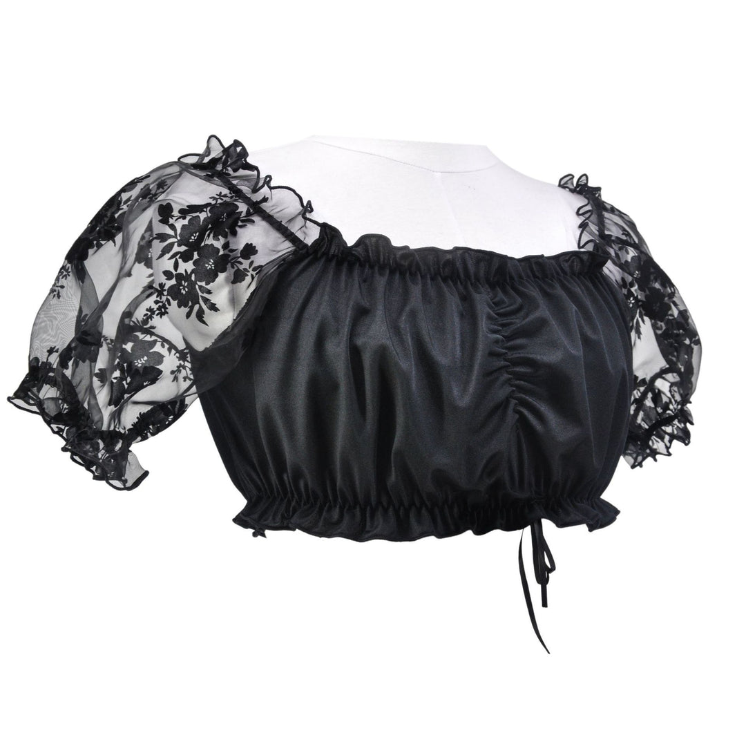Damen nan transparente Bluse mit bestickten Puffärmeln und gerafftem Vorderteil Drune