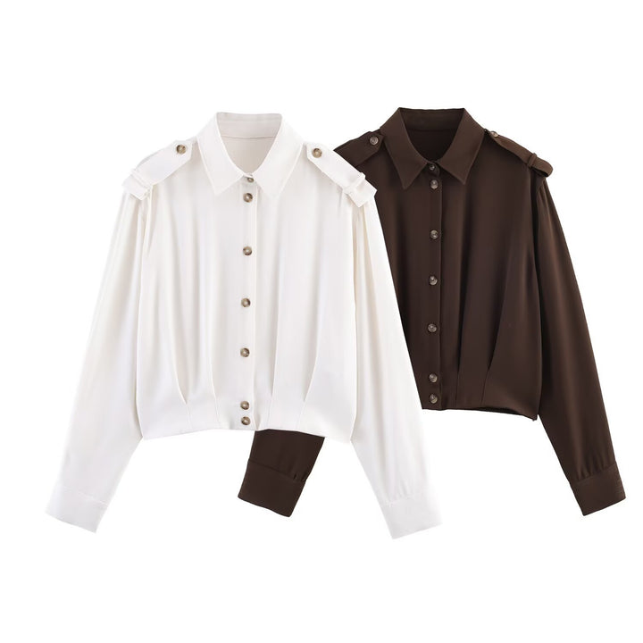 Damen Cropped-Bluse mit Schulterklappen und taillierter Drapierung Drune