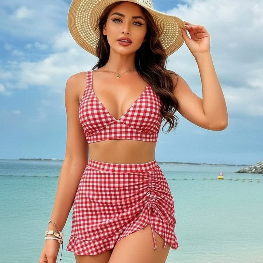 Damen Kariertes Bikini-Set mit verspieltem Rock Drune