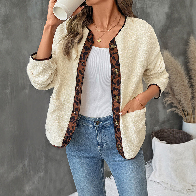 Damen Gemütlicher Teddy-Blazer mit Leopardenmuster Drune