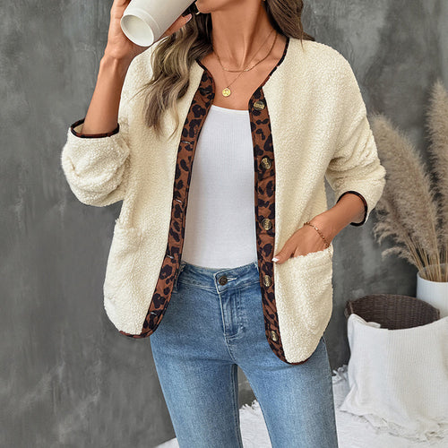 Damen Gemütlicher Teddy-Blazer mit Leopardenmuster Drune