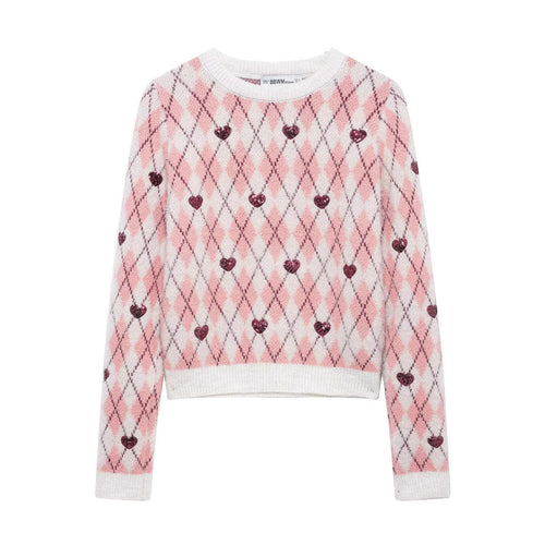 Damen nan verspielter Argyle-Strickpullover mit Paillettenherzen und Rundhalsausschnitt Drune