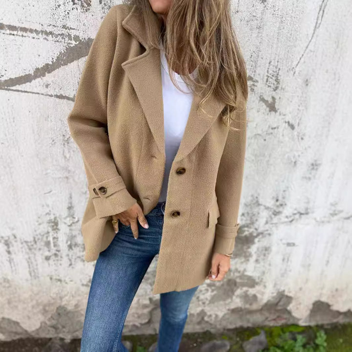 Damen warmer strukturiertes Fleece-Mantel mit doppelter Knopfreihe Drune