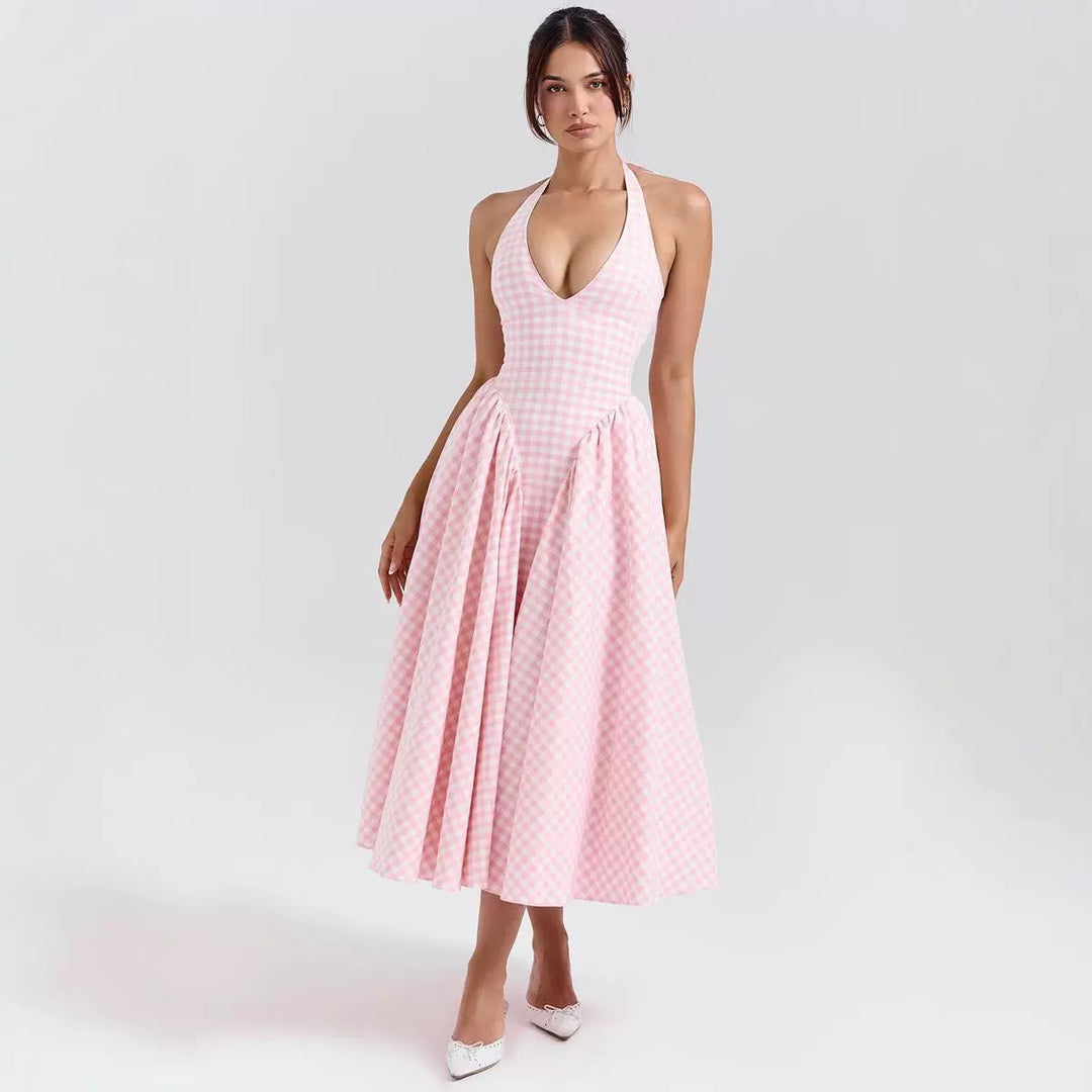 Damen Maxikleid mit V-Ausschnitt und bindbarem Rückengurt Drune