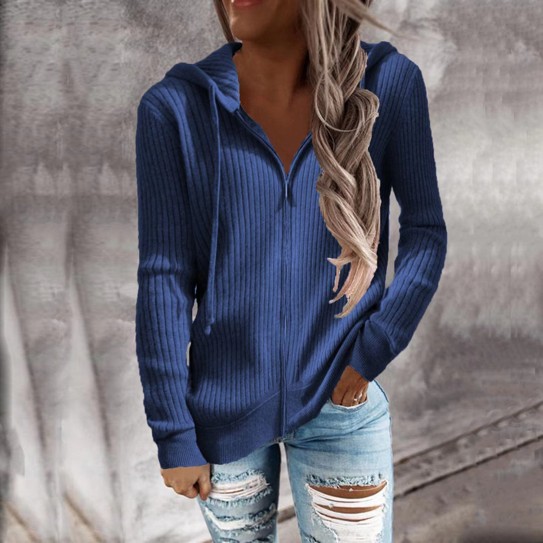 Damen nan gerippter Kapuzen-Zip-Hoodie mit halbem Reißverschluss und Kängurutaschen Drune