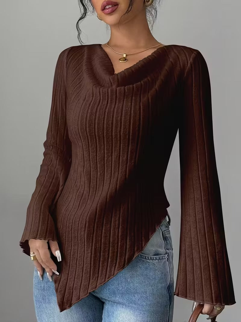 Damen Asymmetrischer Gerippter Feinstrickpullover mit V-Ausschnitt Drune