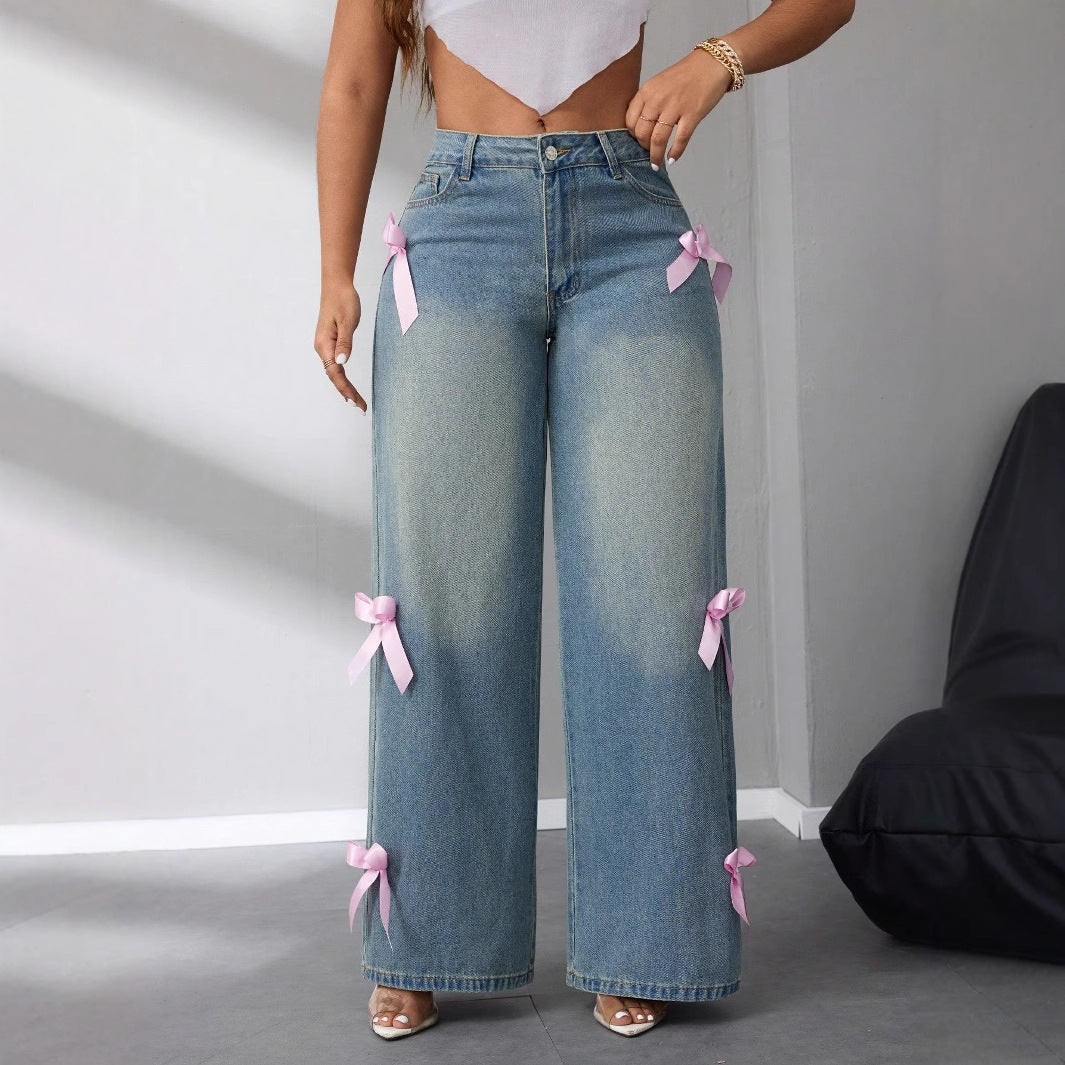Damen weite High-Waist Jeans mit dekorativen Schleifenapplikationen Drune