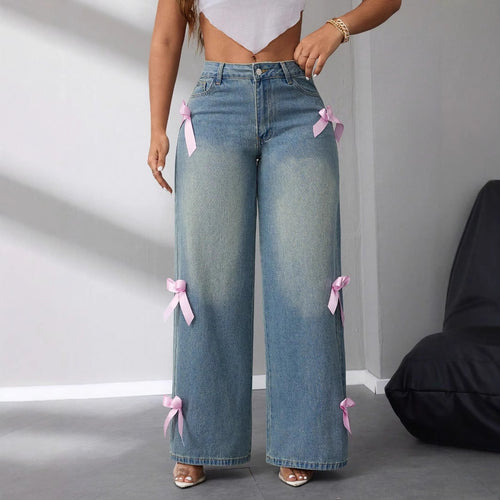 Damen weite High-Waist Jeans mit dekorativen Schleifenapplikationen Drune
