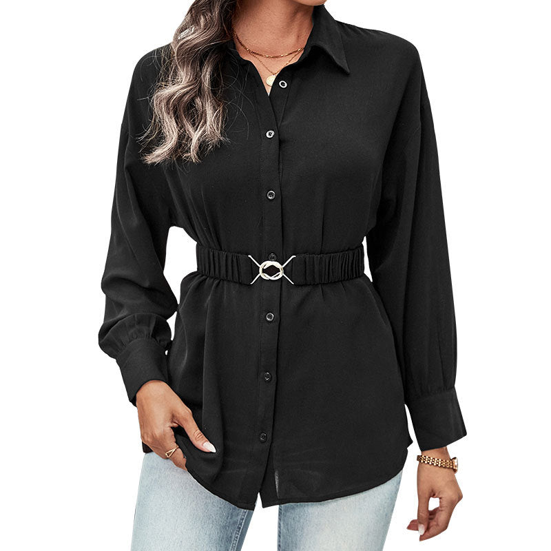 Damen Hemdblusenshirt mit elastischem Taillenband und Schmuckschließe Drune