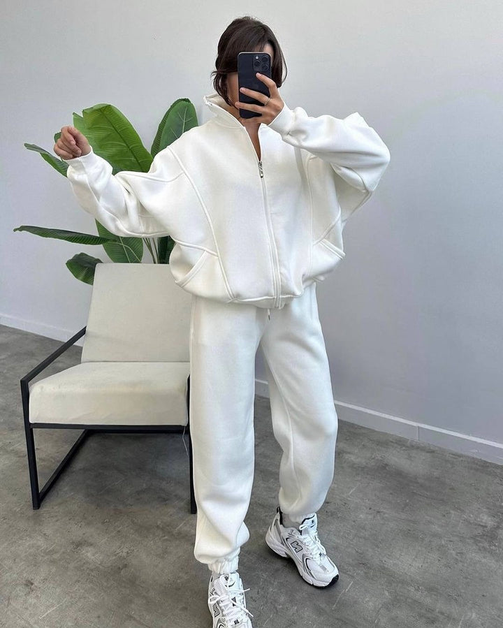 Damen Oversize Fleece-Set mit Reißverschlussjacke und weiten Jogginghosen Drune
