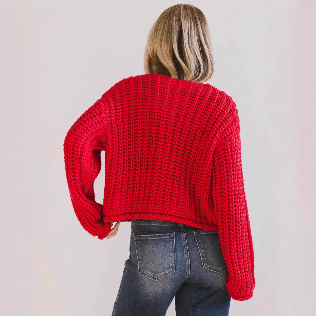 Damen kuschelige Strickjacke mit goldenen Knöpfen und Taschen Drune