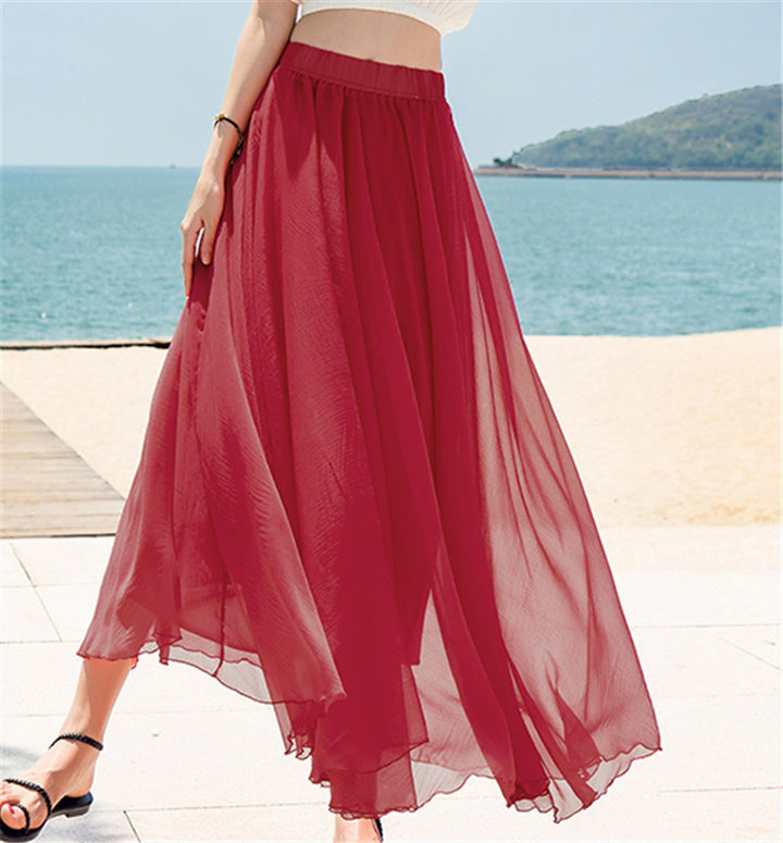 Damen nan fließender Maxirock aus Chiffon mit elastischem Bund und mehrlagigem Volant Drune