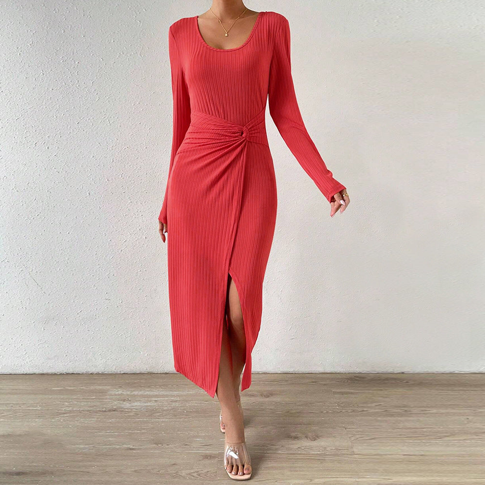 Damen gerafftes Maxikleid mit Knotendetail, figurbetonter Rippenstruktur und hohem Seitenschlitz Drune