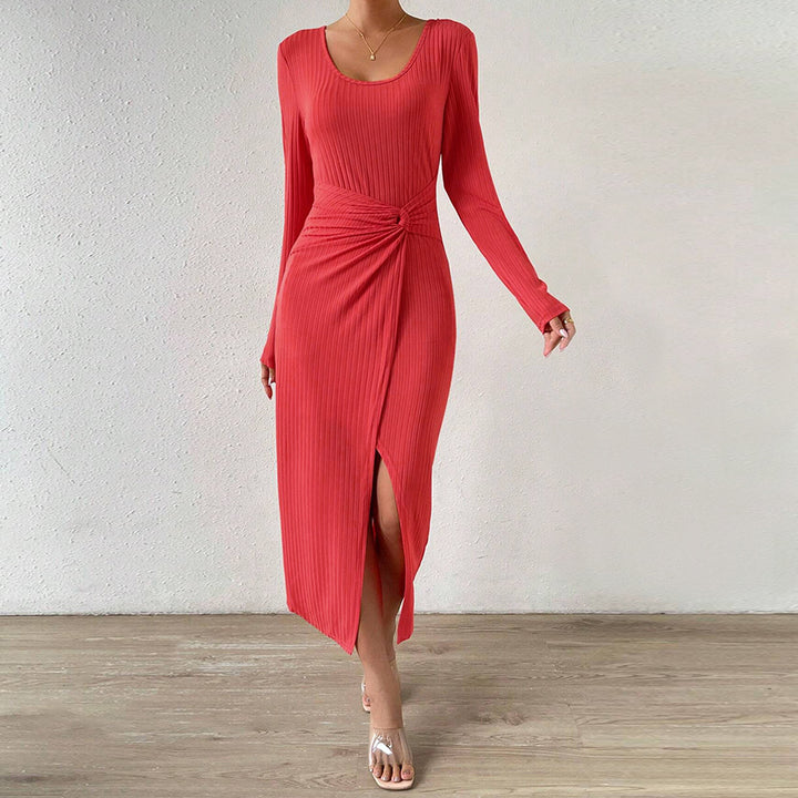Damen gerafftes Maxikleid mit Knotendetail, figurbetonter Rippenstruktur und hohem Seitenschlitz Drune