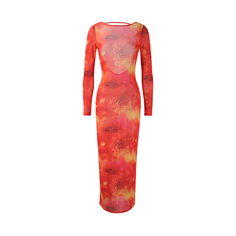 Damen Langarm Maxikleid mit subtilen durchsichtigen Effekten und einzigartigem Farbverlauf Drune