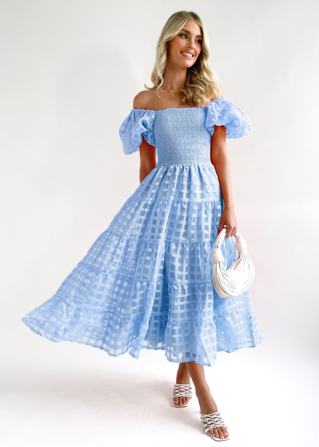 Damen Maxi-Kleid mit Puffärmeln und elastischem Oberteil Drune
