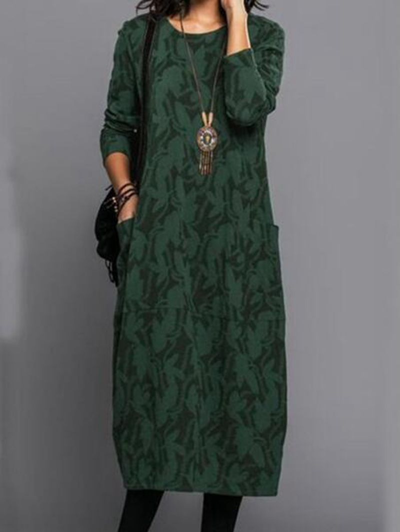 Damen nan locker geschnittenes Midikleid aus Feinstrick mit Ton-in-Ton-Jacquard, Rundhalsausschnitt und seitlichen Eingrifftaschen Drune