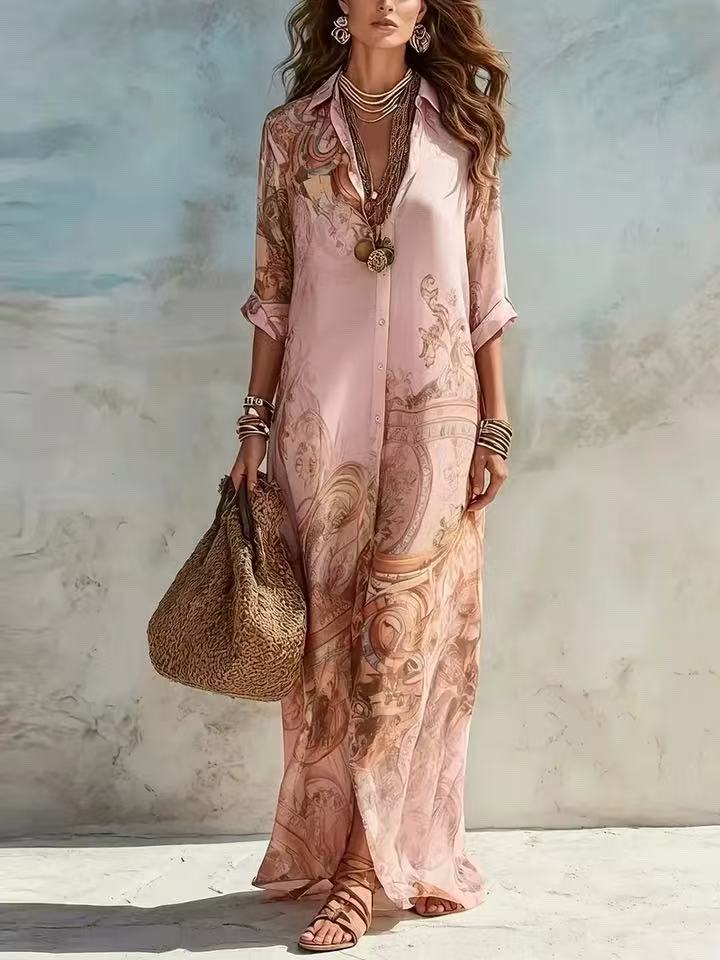 Damen Langarmshirt Kleid im Boho Barock Druck aus luftiger Chiffonqualität Drune